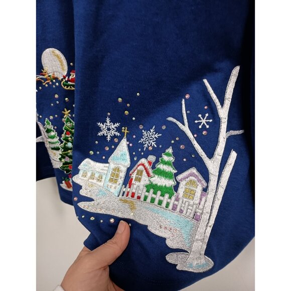 Quacker Factory Womens Christmas Cardigan Sz 1X Blue Embroidered Wearable Art - Picture 5 of 9